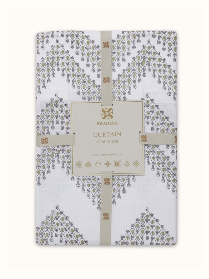 Detailed view of Rambagh White Modern Geo Cotton Sanganeri Block Printed Curtain (9 ft), highlighting the intricate print and fabric.