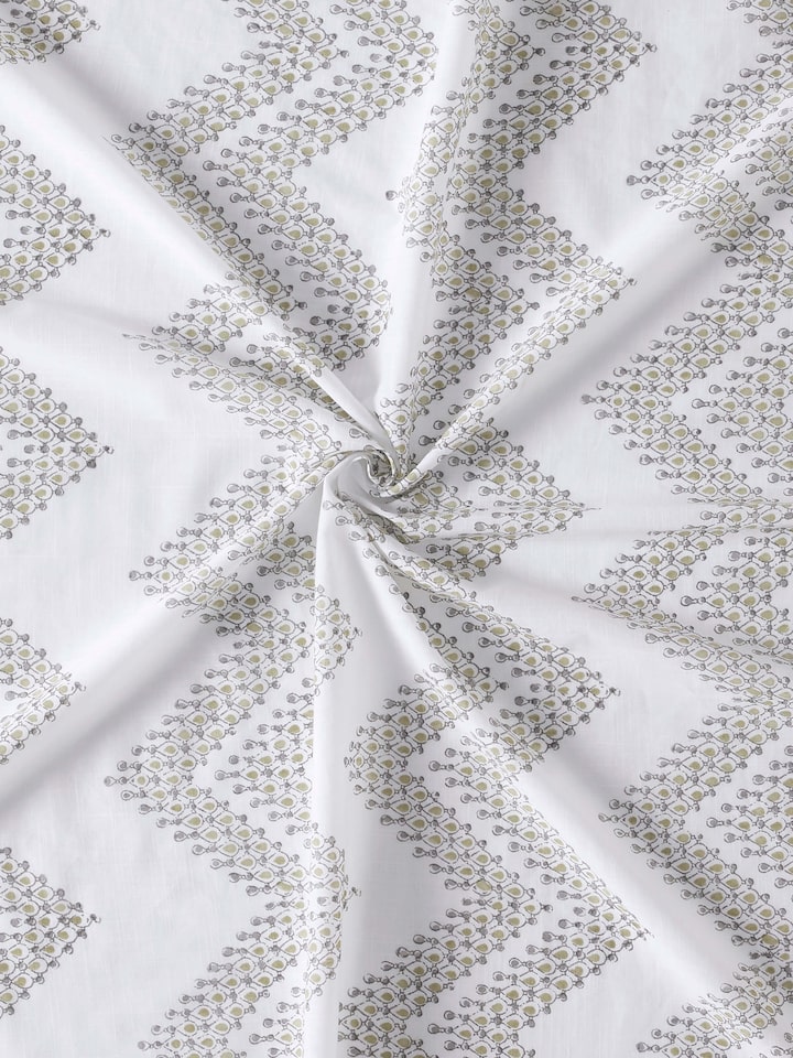 Full view of Rambagh White Modern Geo Cotton Sanganeri Block Printed Curtain (9 ft), demonstrating the full length and pattern of the curtain.