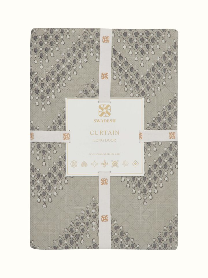 Detailed view of Rambagh Light Green Modern Geo Chevron Cotton Sanganeri Block Printed Curtain (9 ft), showing the pattern and fabric.