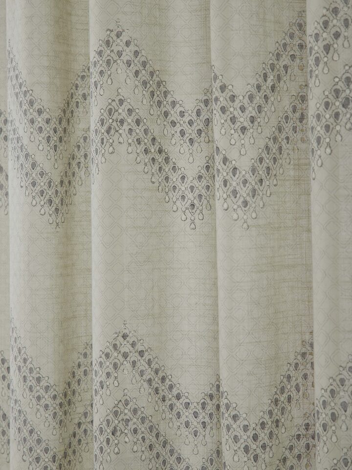 Full view of Rambagh Light Green Modern Geo Chevron Cotton Sanganeri Block Printed Curtain (9 ft), emphasizing the overall print and size.