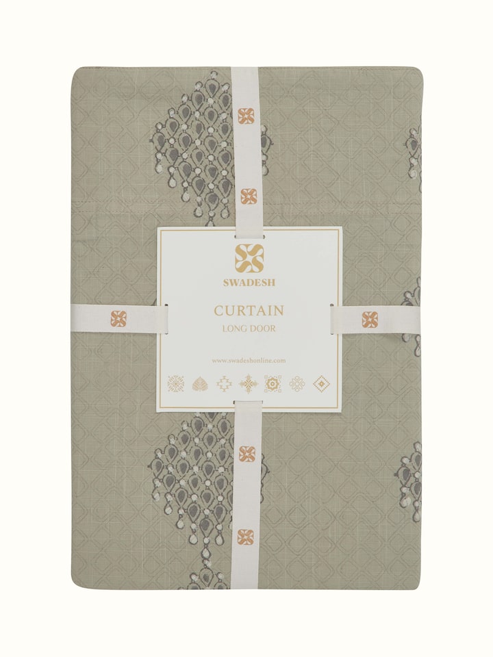 Full view of Rambagh Light Green Modern Geo Diamond Cotton Sanganeri Block Printed Curtain displaying its length and design.