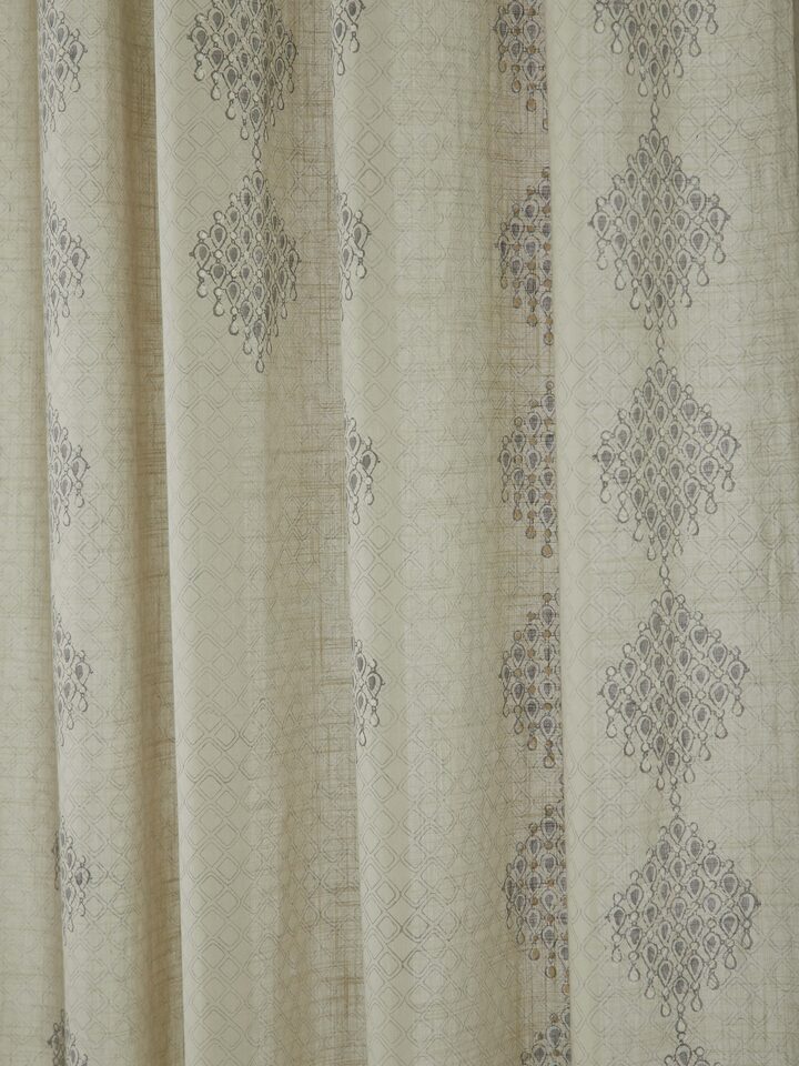 Detailed view of Rambagh light green modern geo diamond cotton Sanganeri block printed curtain (7 ft) focusing on the curtain’s fabric and print quality