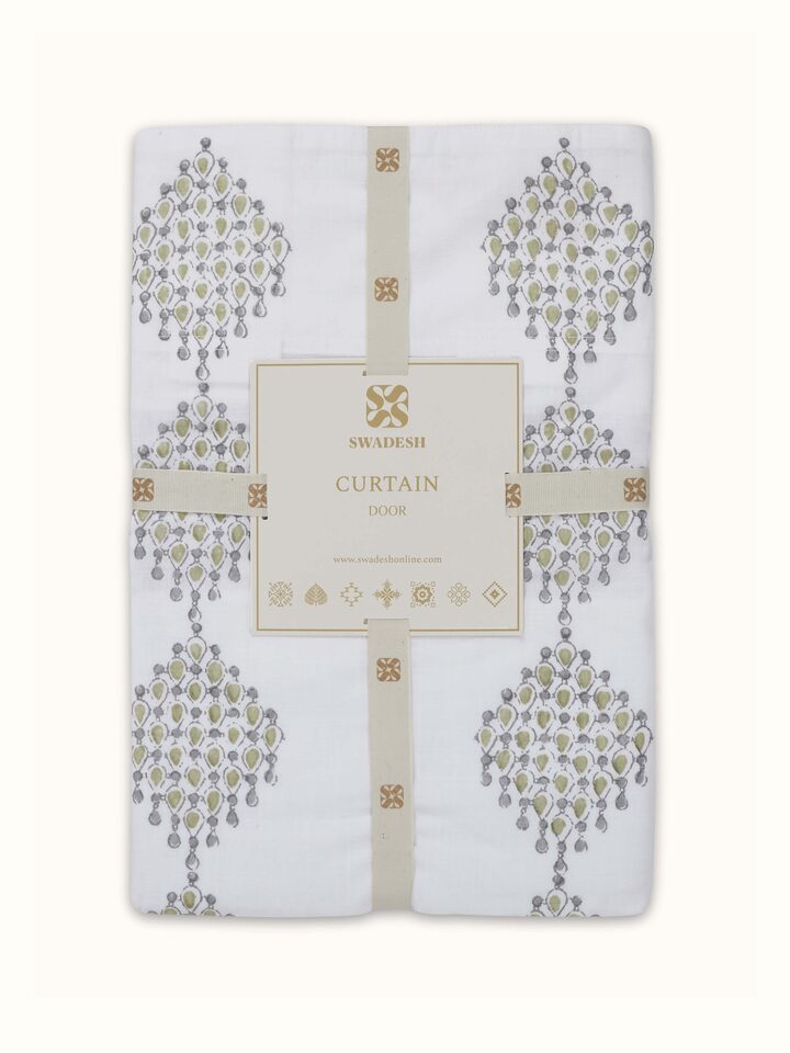 Rambagh white and green geo cotton curtain, featuring the elegant design and fabric texture