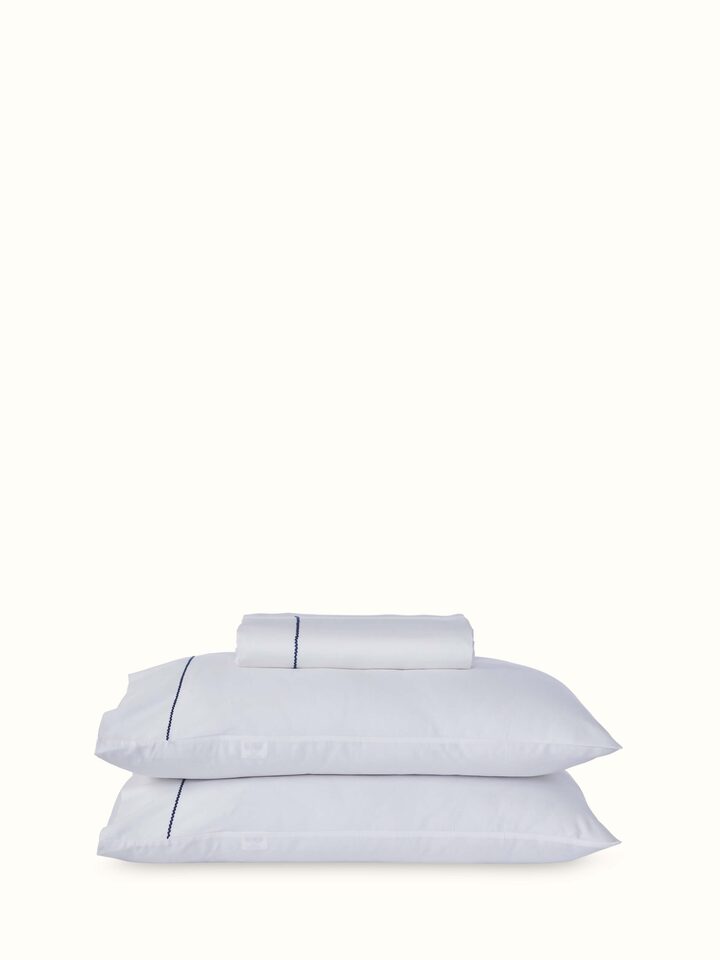 Full view of Shivranjini blue stripe cotton hand embroidered bedsheet king set (3 pcs), showing the complete set and design details.