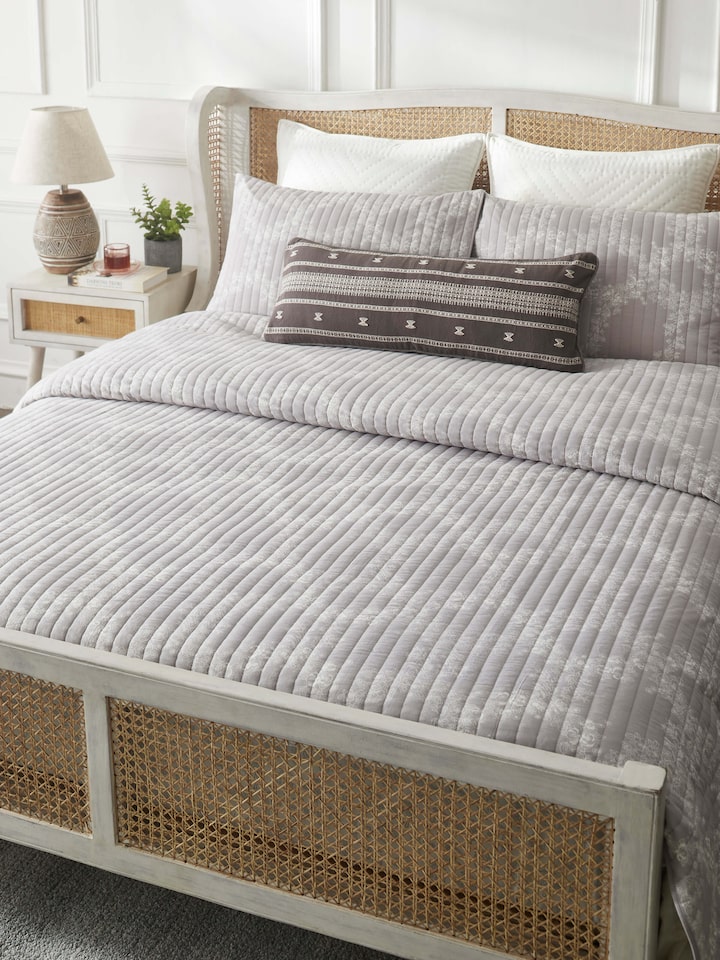 Shivranjini grey trellis cotton Sanganeri block printed double bedspread set (3 pcs) with detailed print.