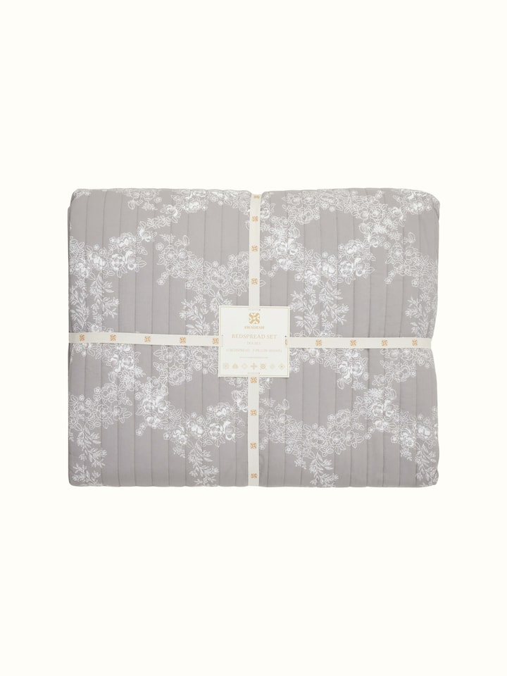 Shivranjini grey trellis cotton Sanganeri block printed double bedspread set (3 pcs) with pattern focus.