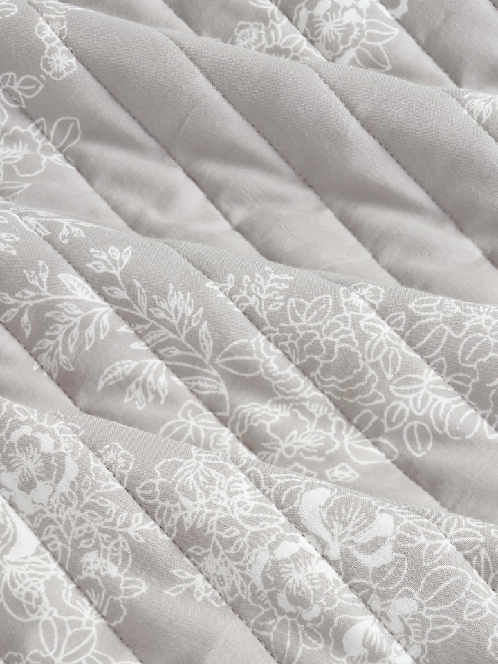 Shivranjini grey trellis cotton Sanganeri block printed double bedspread set (3 pcs) with close-up details.