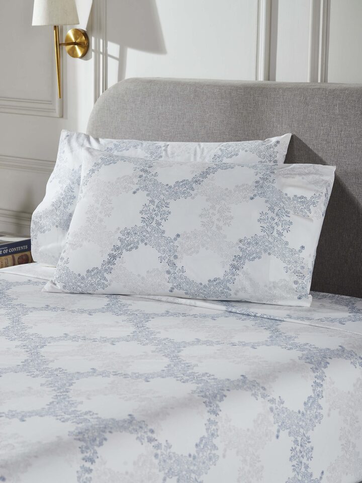 Close-up of Shivranjini grey trellis cotton Sanganeri block printed king bedsheet set (3 pcs) focusing on the block print design and fabric texture