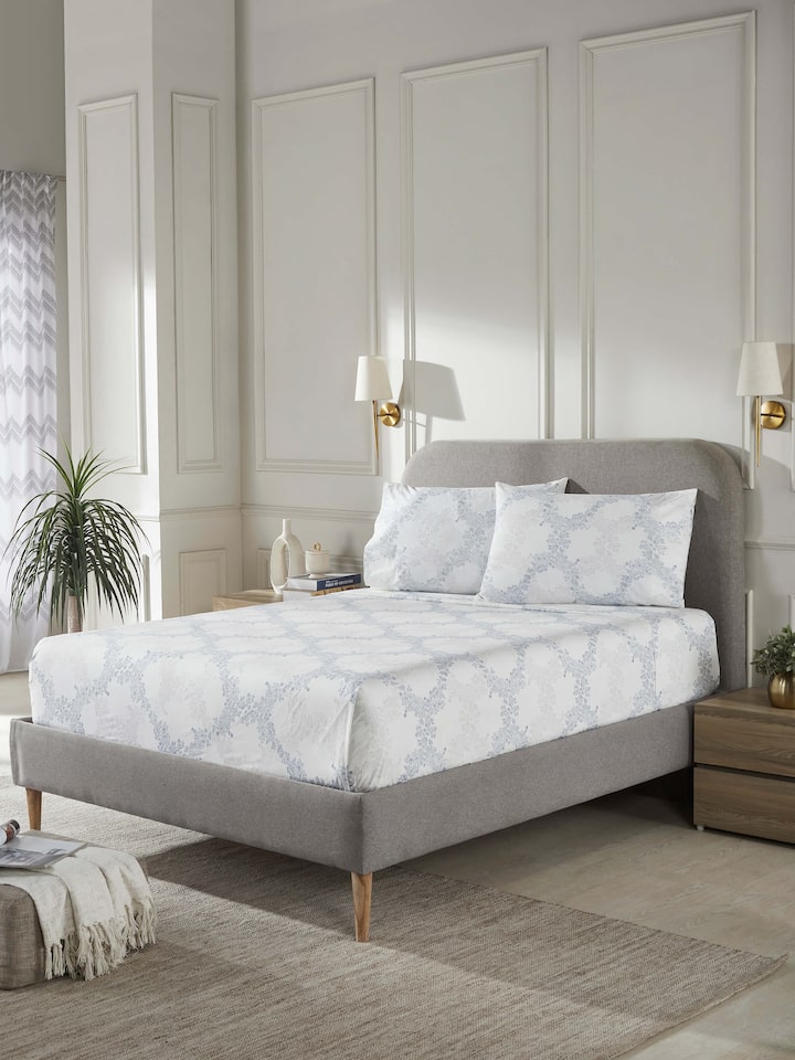Detailed view of Shivranjini grey trellis cotton Sanganeri block printed king bedsheet set (3 pcs) emphasizing the trellis block print