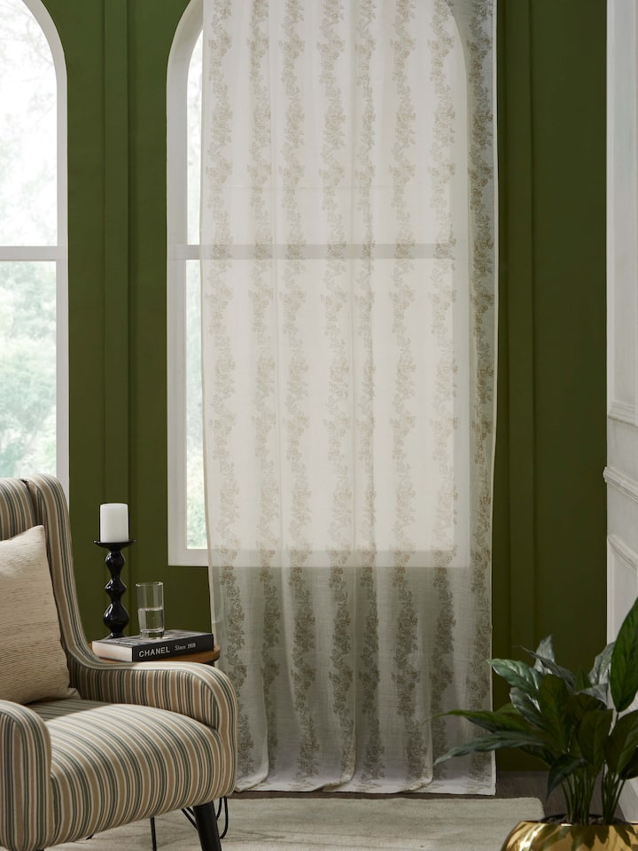 Side view of Shivranjini white floral stripe cotton silk Sanganeri block printed curtain (9 ft) showcasing the block printed floral stripe design.
