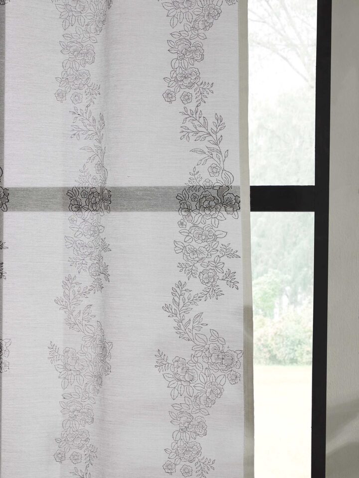 Back view of Shivranjini white floral stripe cotton silk Sanganeri block printed curtain (9 ft) highlighting the curtain’s full length and fabric.