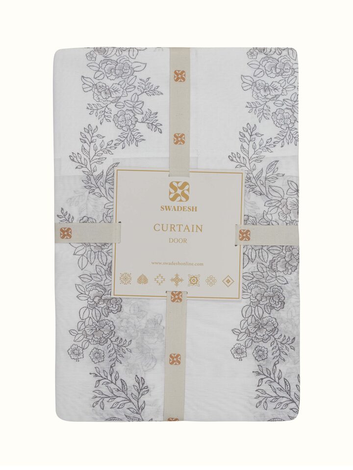 Close-up view of Shivranjini White Floral Stripe Cotton Silk Sanganeri Block Printed Curtain (7 ft) focusing on the floral print and silk texture.