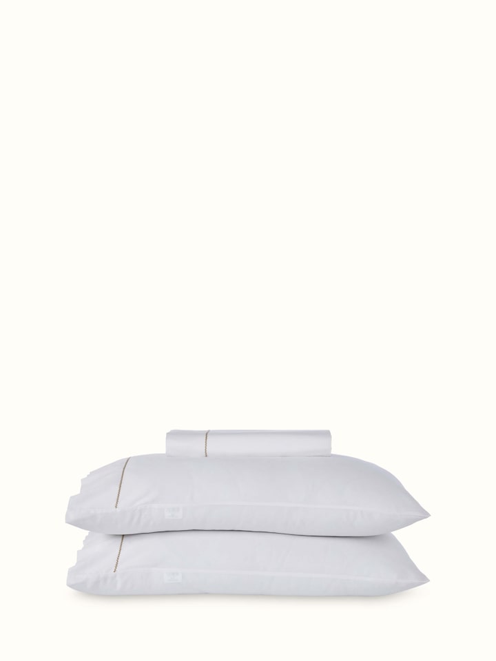 Full view of Shivranjini beige stripe cotton hand embroidered bedsheet king set, showcasing its elegant striped pattern and hand embroidery.
