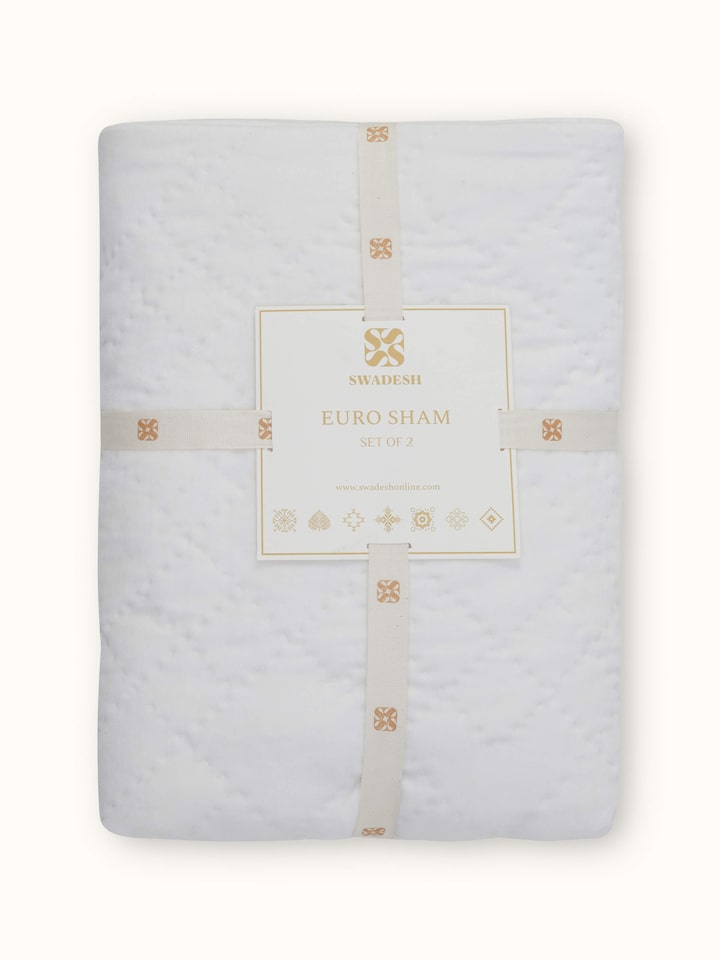 Side view of Shivranjini Ivory Textured Cotton Razai Embroidered Euro Shams (2 pcs) showing the depth and quality of the shams
