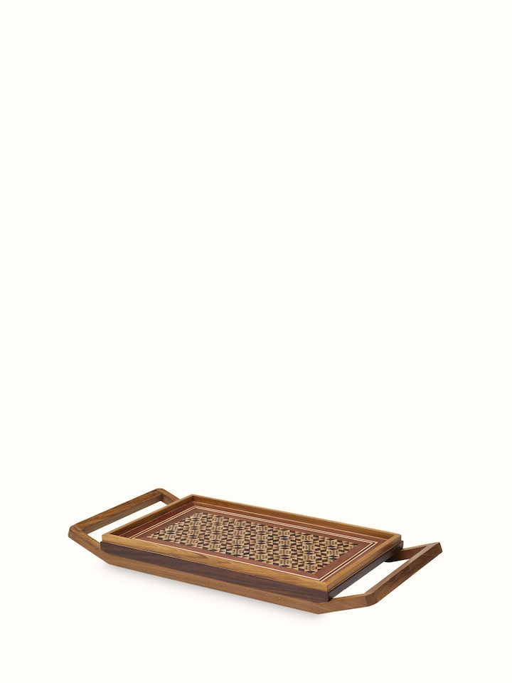 Close-up of the Marquetry wood and MDF serving tray showcasing its detailed inlay work.