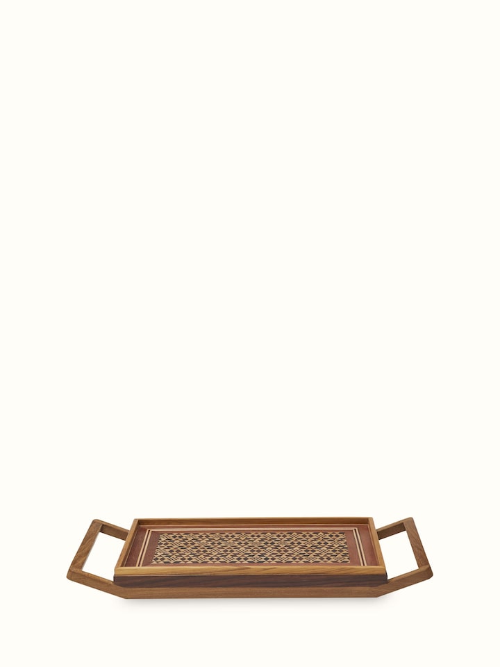 Side view of the Marquetry wood and MDF serving tray displaying its quality material and design.