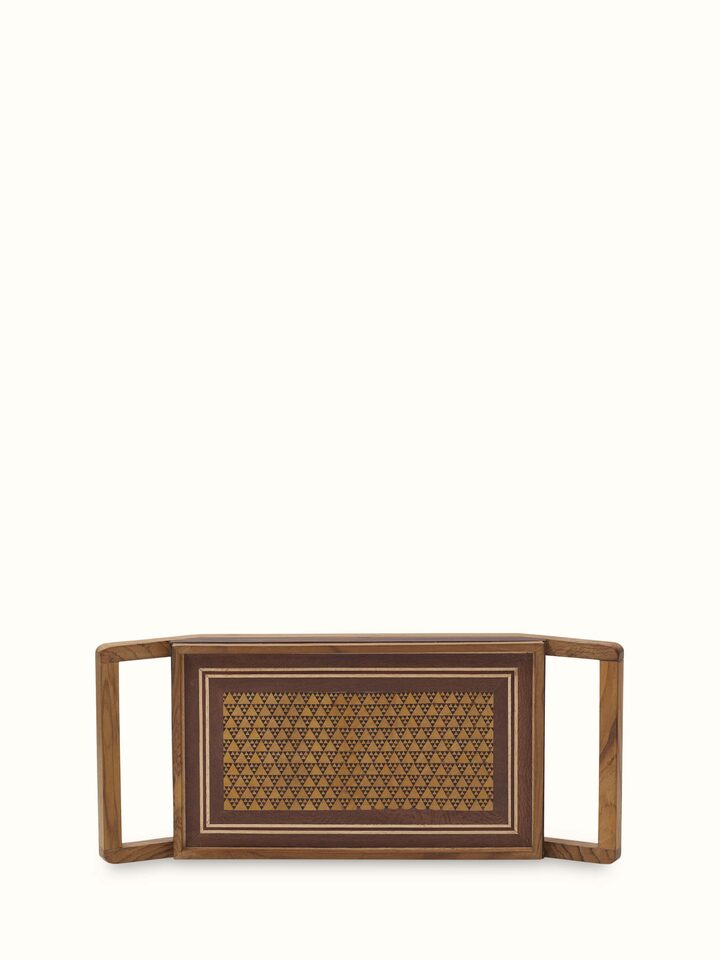 Side view of Marquetry wood & MDF serving tray (14 x 6 inches) with fine craftsmanship