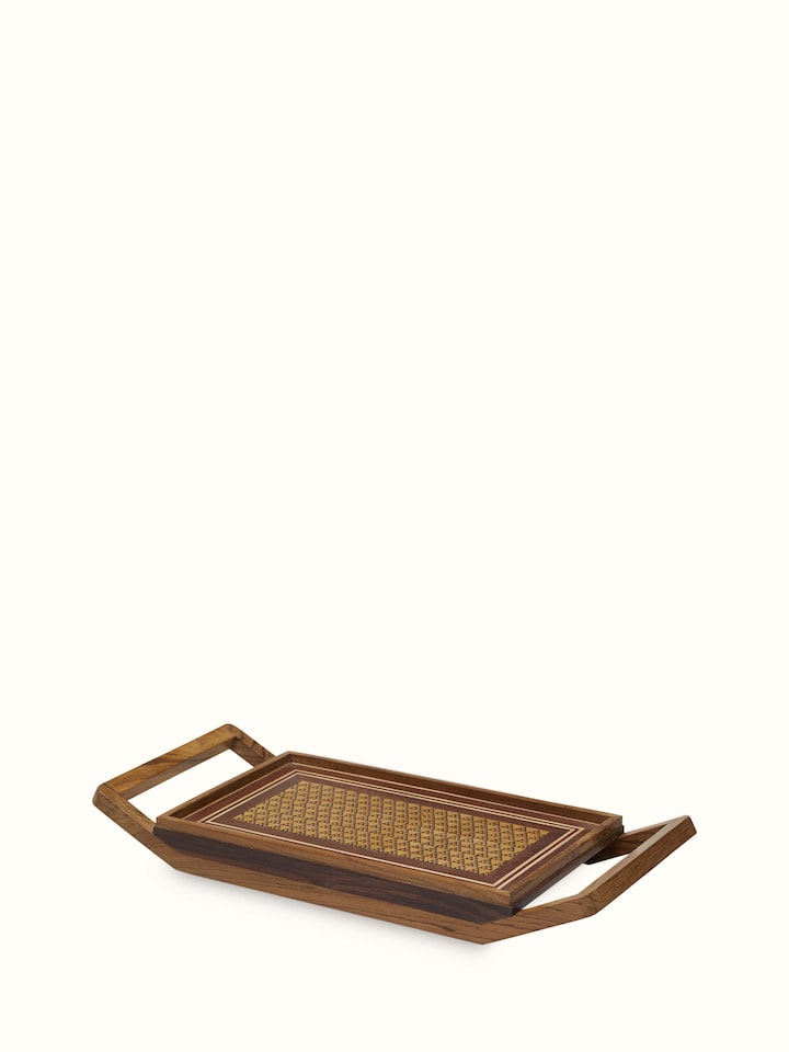 Top view of Marquetry wood & MDF serving tray (14 x 6 inches) showing elegant patterns