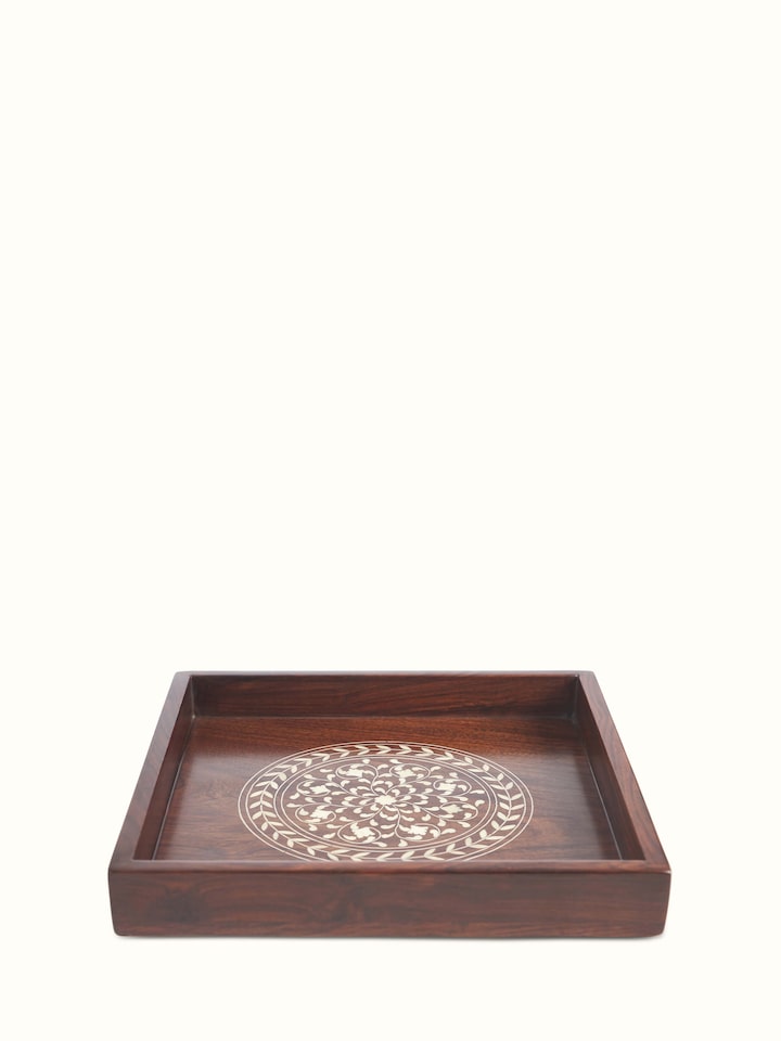 Angled view of Sheesham wood & bone inlaid serving trays (2 pcs) highlighting their elegant design.