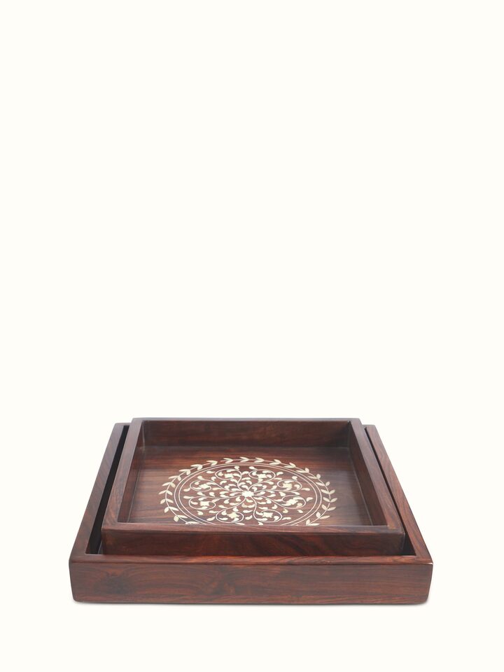 Front view of Sheesham wood & bone inlaid serving trays (2 pcs) showing detailed craftsmanship.