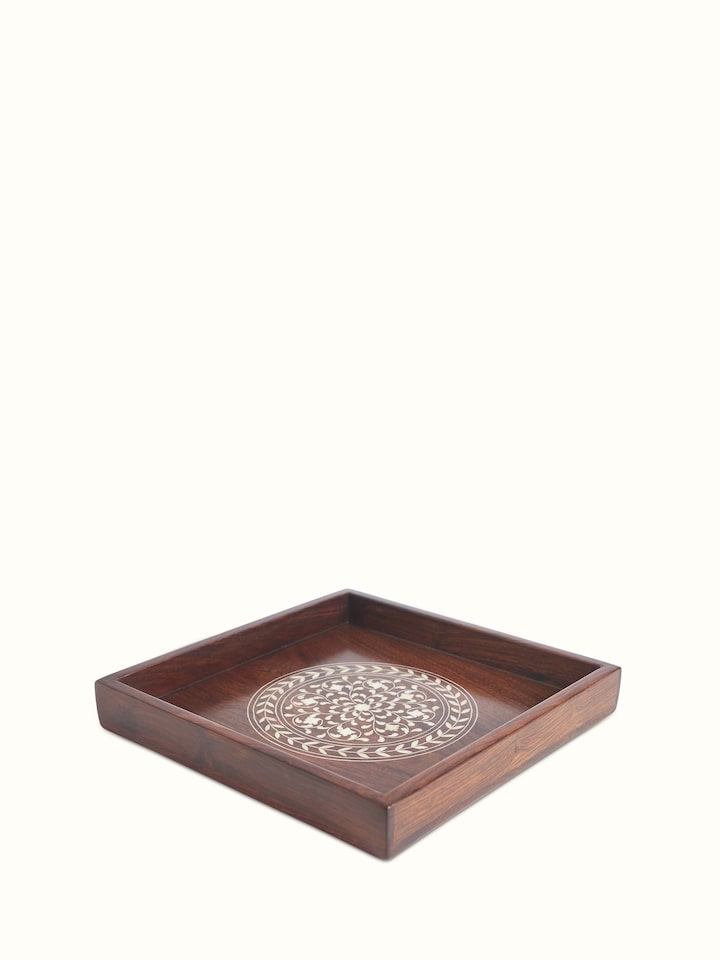 Detailed view of Sheesham wood & bone inlaid serving trays (2 pcs) showcasing the fine inlay details.