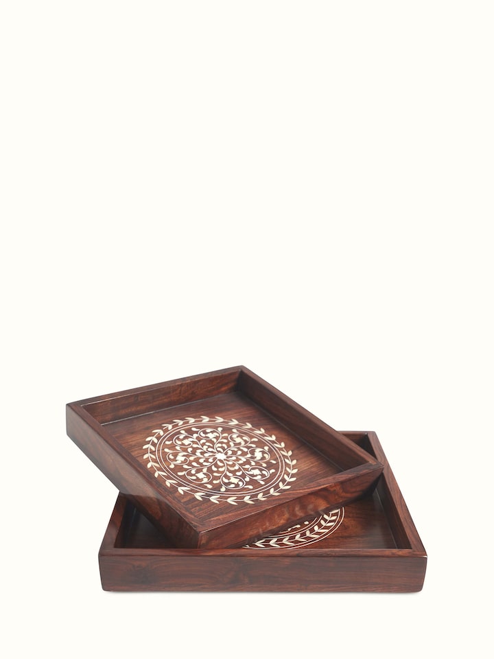 Close-up of Sheesham wood & bone inlaid serving trays (2 pcs) focusing on the intricate bone inlays.