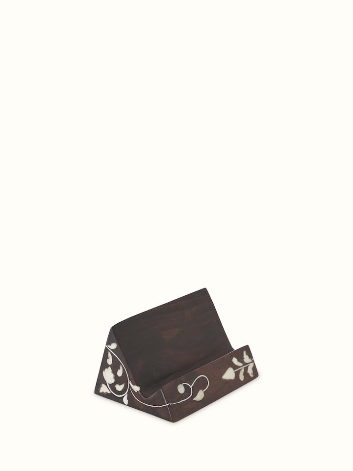 Angled view of Sheesham wood & bone inlaid card holder, emphasizing the craftsmanship and detailed inlay work