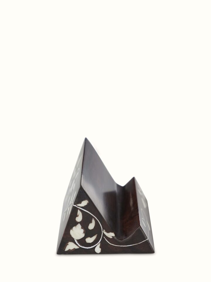 Close-up view of Sheesham wood & bone inlaid card holder, showcasing the fine detailing of the bone inlay and wood grain