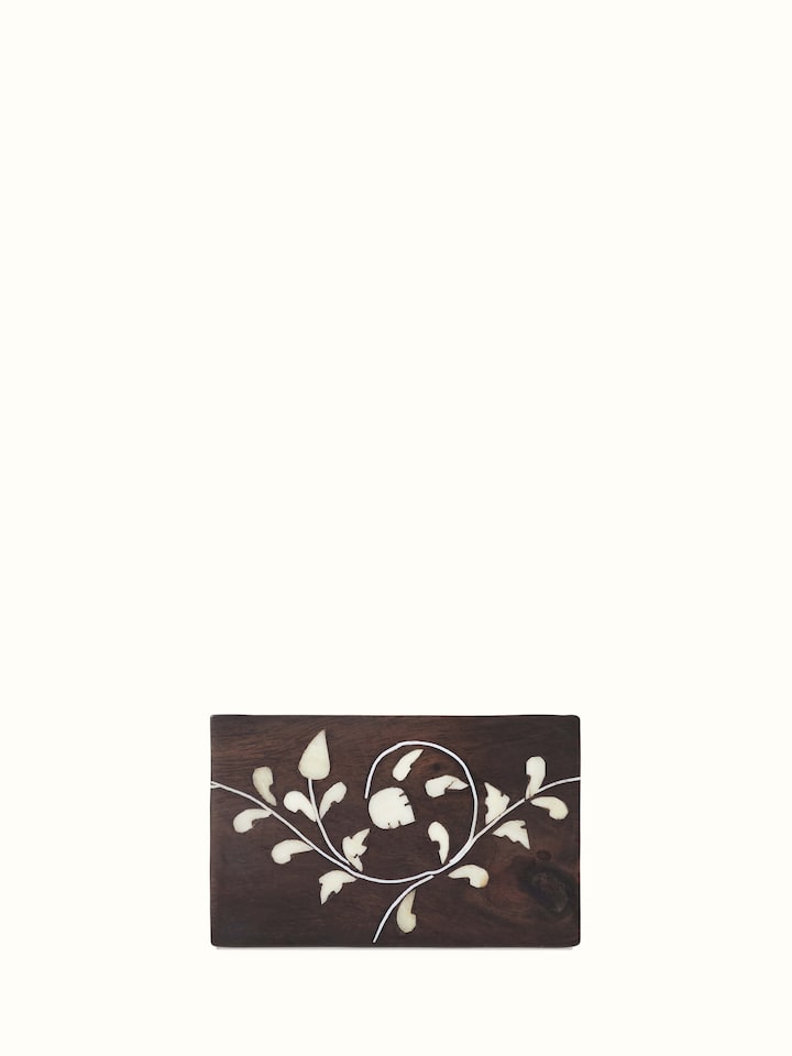 Back view of Sheesham wood & bone inlaid card holder, displaying the polished wood finish and overall design