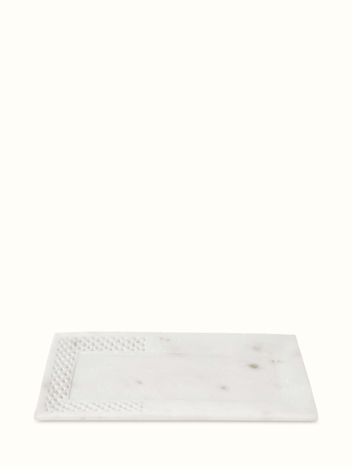 Front view of Carved Ambaji marble bath tray in white, highlighting its intricate carvings and elegant design.