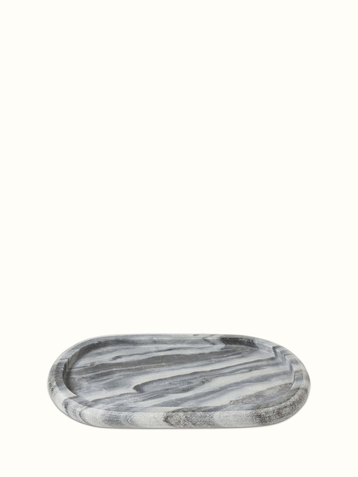 Front view of carved marble bath tray in grey color with elegant design