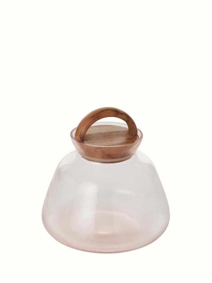 Front view of pink glass-worked storage container featuring a stylish design and smooth finish