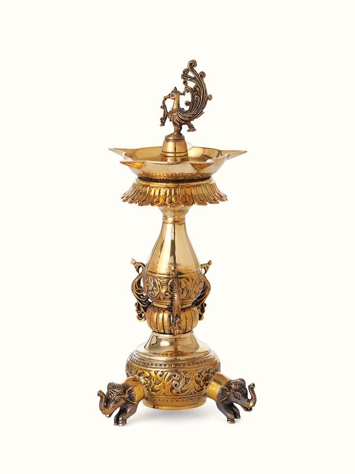Front view of Polished Brass Kalash Vilakku showing the front design and form