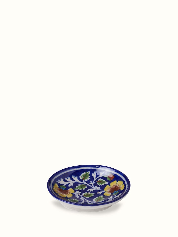 Front view of blue pottery ceramic soap dish showcasing its unique design and vibrant color