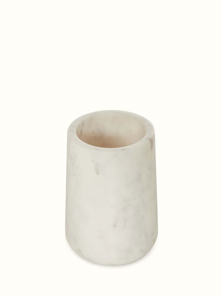 Side view of Stone-Worked White Marble & Brass Toothbrush Holder highlighting the elegant design and quality materials.