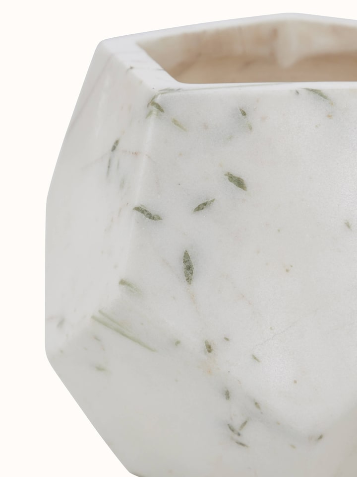 Angled view of Stone-worked dodeca white marble planter emphasizing the clean lines and refined marble craftsmanship