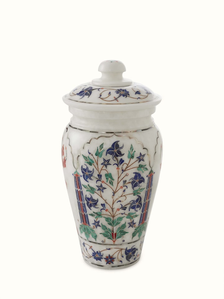 Front view of Transitional pacchikari marble table vase showing refined design