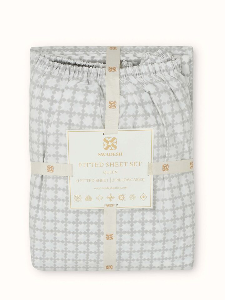 Detailed close-up of Pratidin grey grid cotton Sanganeri block printed queen fitted bedsheet set focusing on the grid pattern and cotton weave.