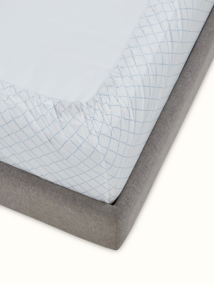 Pratidin Light Blue Diamond Cotton Sanganeri Block Printed Queen Fitted Bedsheet Set with a focus on the diamond pattern and color.