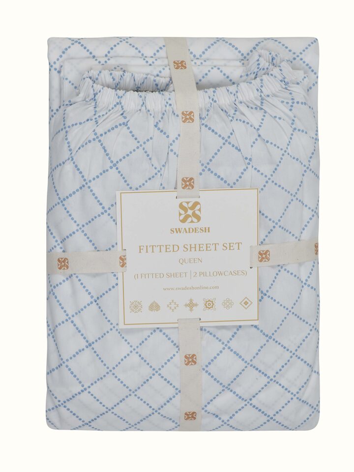Pratidin Light Blue Diamond Cotton Sanganeri Block Printed Queen Fitted Bedsheet Set arranged on a bed, displaying its full design and fit.