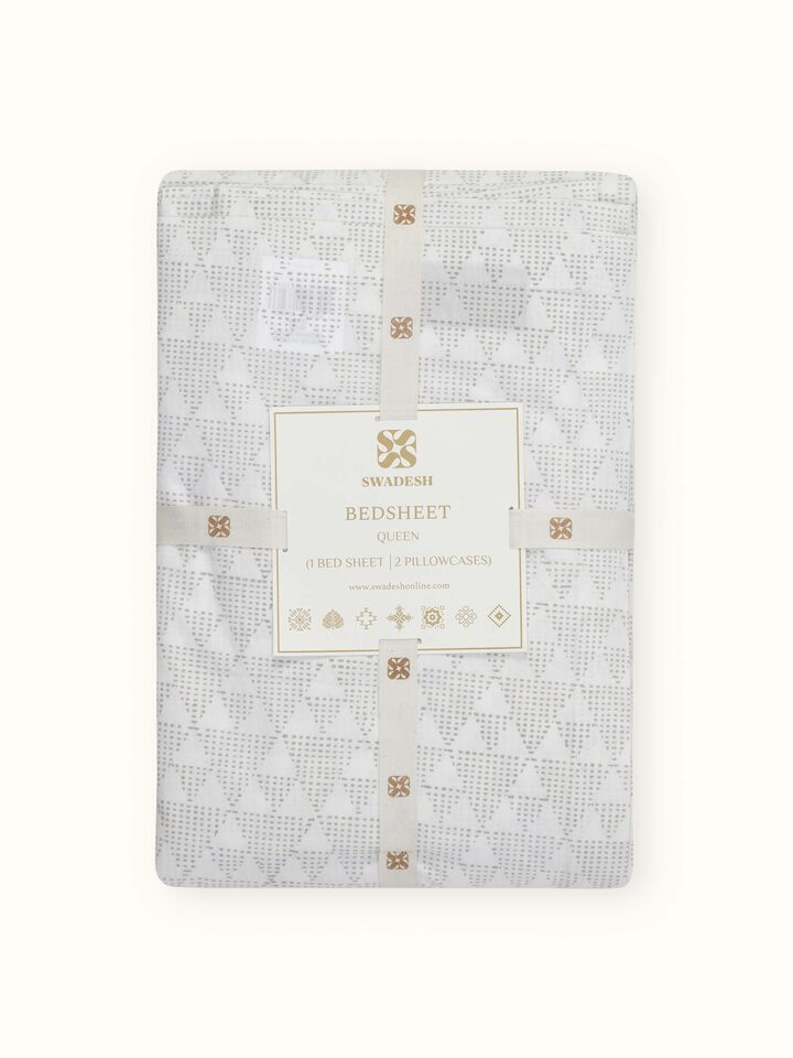 Front view of Pratidin Beige Geometric Cotton Sanganeri Block Printed Queen Bedsheet Set (3 pcs) displaying the full design of the bedsheet set.