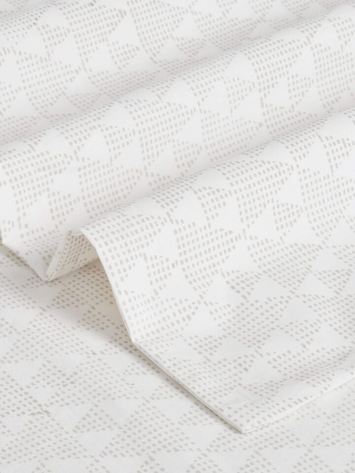 Close-up view of Pratidin Beige Geometric Cotton Sanganeri Block Printed Queen Bedsheet Set (3 pcs) showing the intricate block print details.