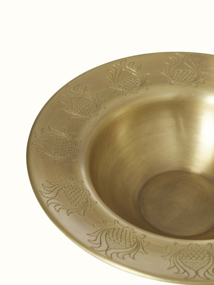 Close-up view of Brass potpourri bowl golden color