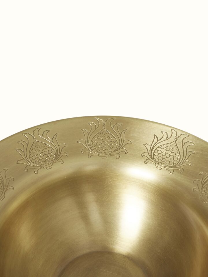 Angle view of Brass potpourri bowl golden color