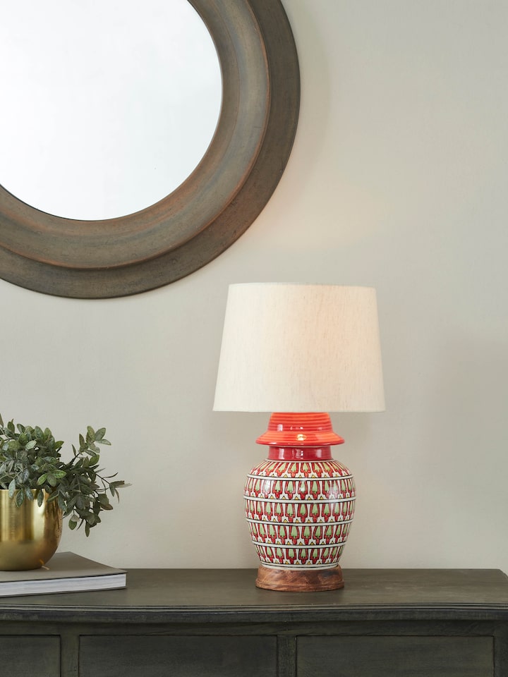 Close-up of Khurja pottery ceramic console lamp with beige shade