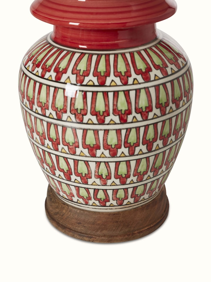 Detailed view of Khurja pottery ceramic console lamp with beige shade