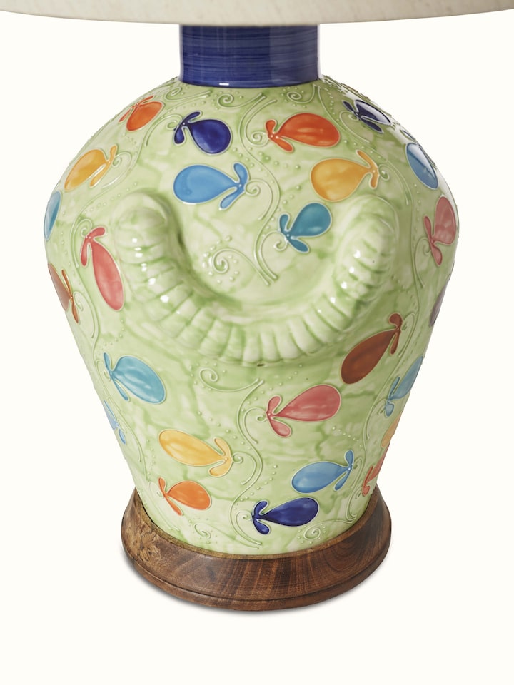 Full view of Khurja pottery ceramic table lamp (large) highlighting its base and decorative elements.