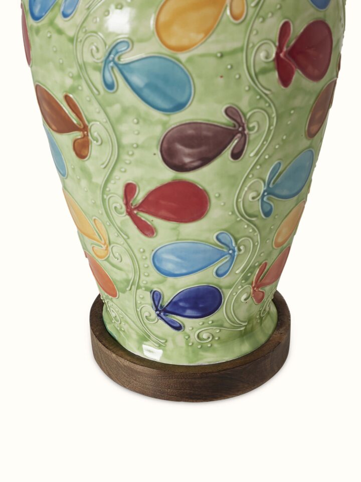 Artistic view of Khurja Pottery Ceramic Console Lamp with White Shade, showing the lamp from a unique angle