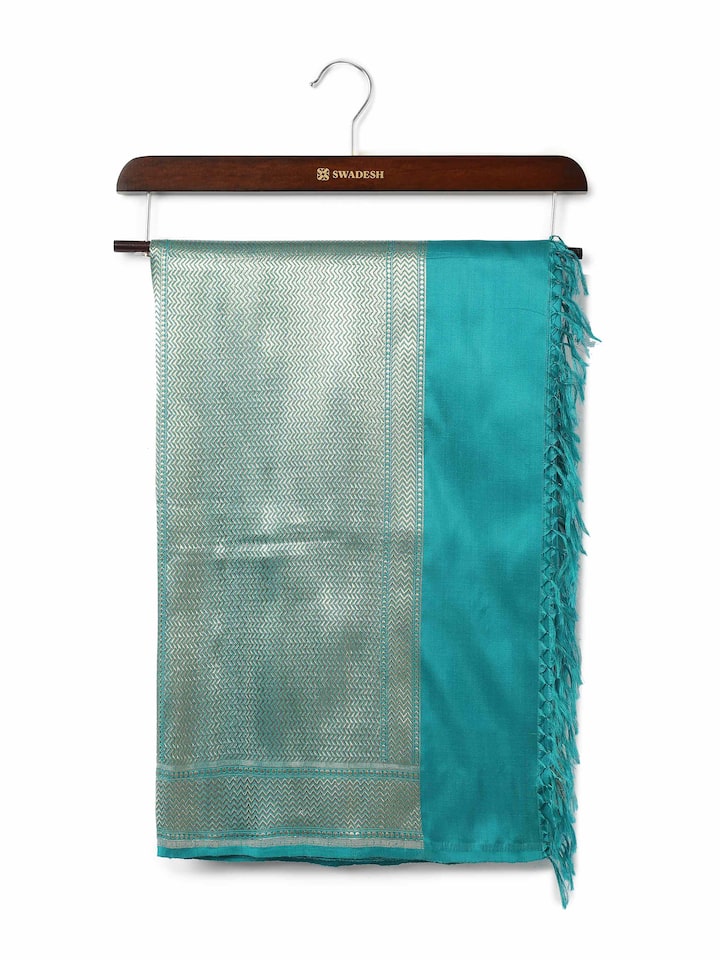Front view of light green silk Banarasi dupatta with rich woven motifs