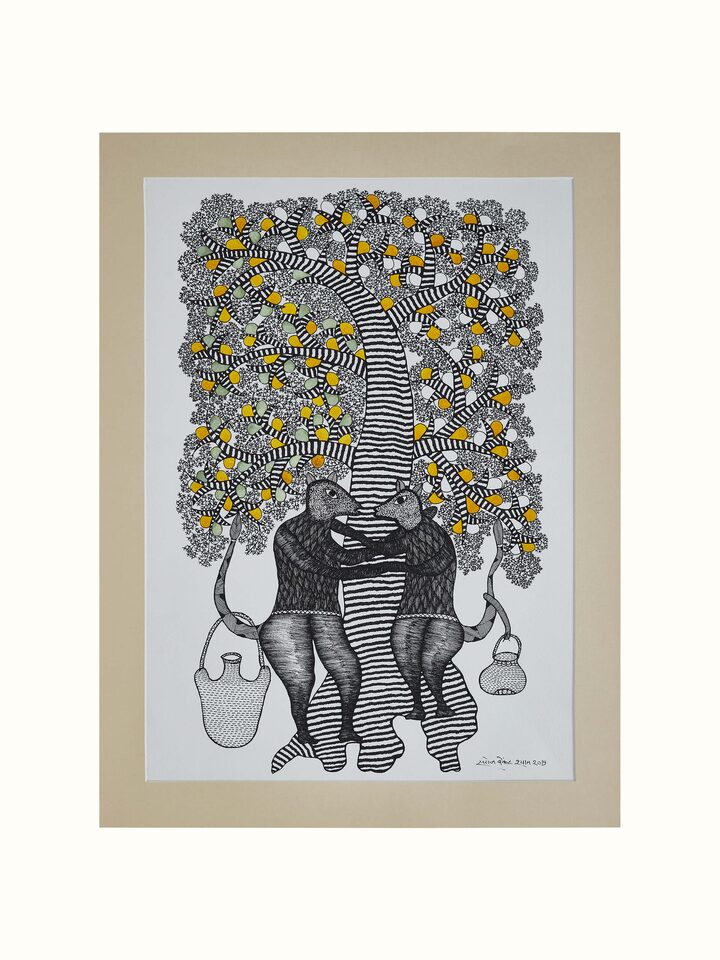 Front view of Gond Dancing Mice & Tree Painting, featuring vibrant colors and intricate designs of dancing mice and trees in traditional Gond art style.